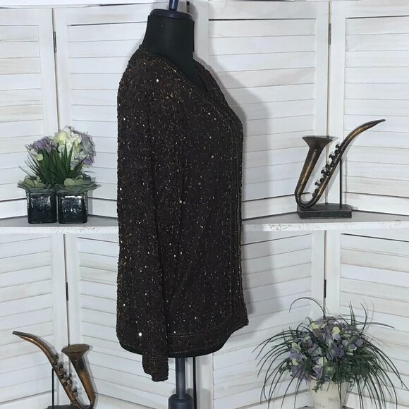 Vintage 90s 100% Silk Gold Beaded Sequin Brown Blazer Blouse Size Small - Picture 11 of 12